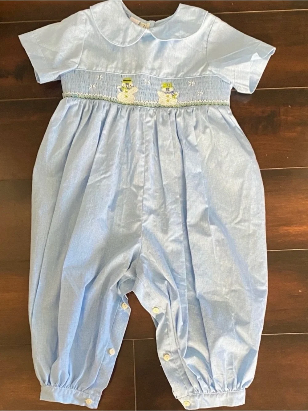 Vintage Amanda Remembered Blue Smocked Gingham Romper Embroidered Snowman Xmas